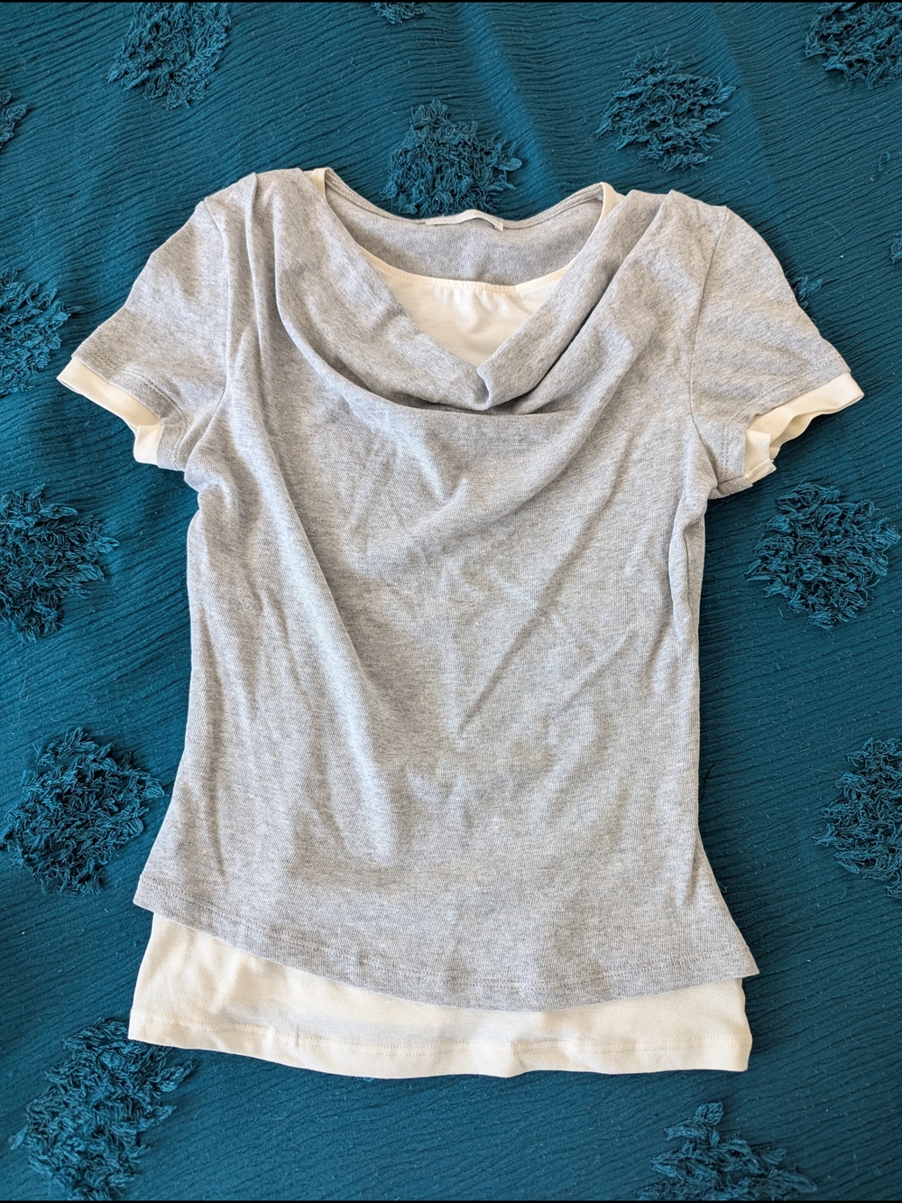 Gray Short-Sleeve Layered Cowl Neck Top